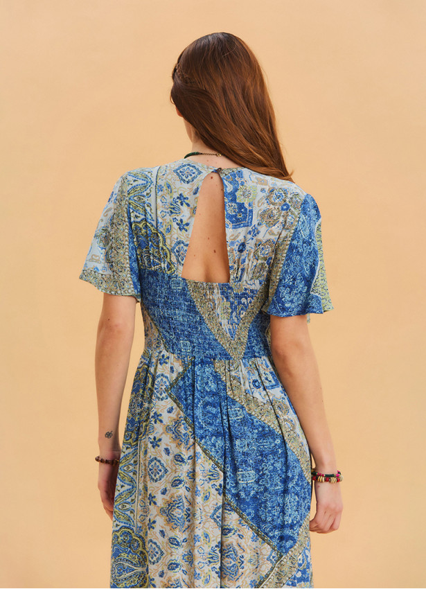 Blue Women's Ethnic Jumpsuit with Flounce Sleeves and Shorts Detail 4489
